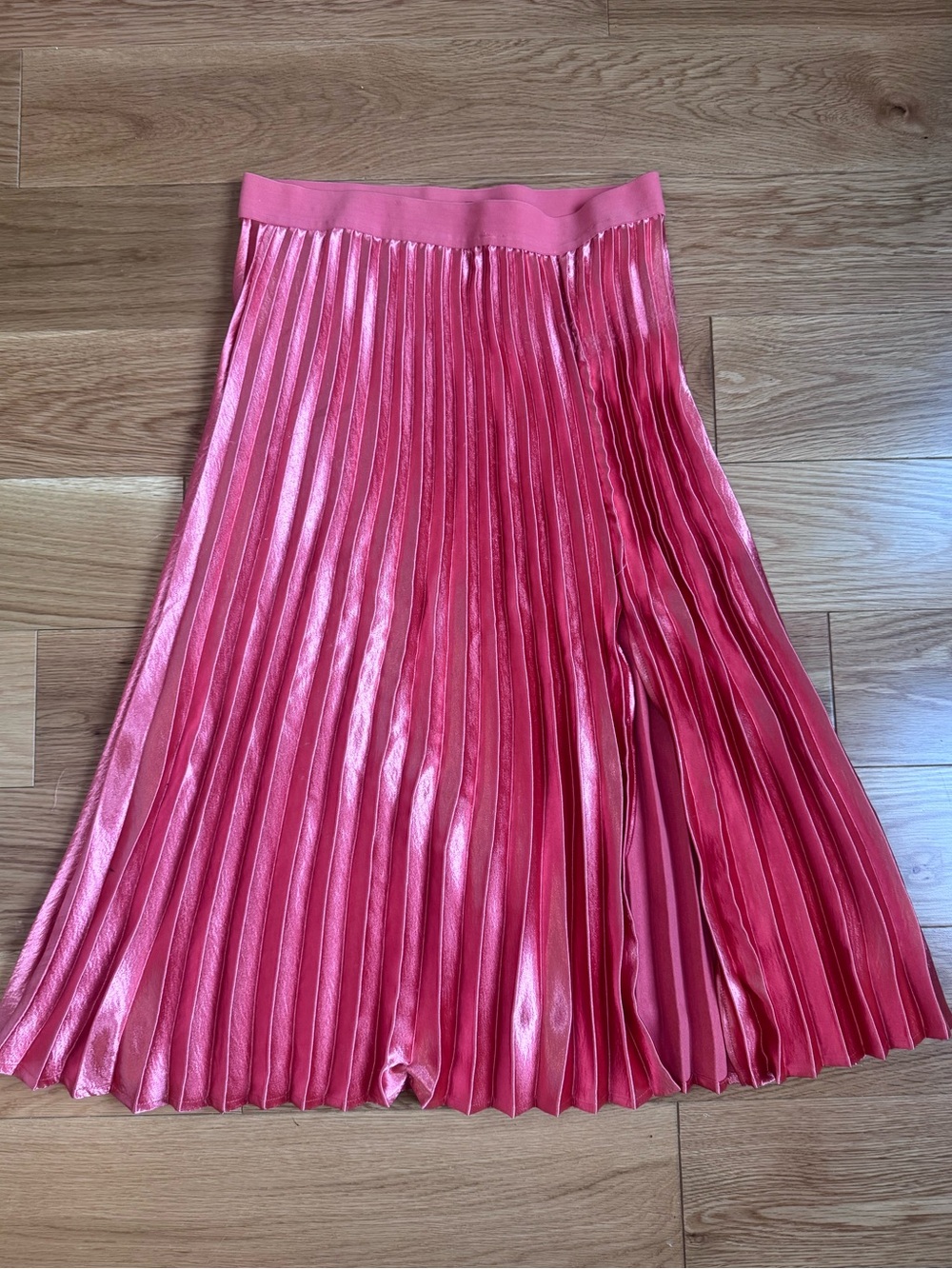 New York & Company Shiny Pink Pleated Midi Skirt